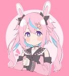  +_+ 1girl animal_ears bandaid bandaid_on_hand bangs black_bow black_choker blue_eyes blue_hair blush_stickers bow bunny_hair_ornament choker closed_mouth commentary_request cropped_torso detached_sleeves ear_bow eyebrows_hidden_by_hair hair_between_eyes hair_ornament indie_virtual_youtuber long_sleeves looking_at_viewer meito_(maze) mitsuki_shio multicolored_hair notice_lines pink_background pink_hair pink_shirt pink_sleeves rabbit_ears shirt smile solo two-tone_background two-tone_hair two_side_up upper_body virtual_youtuber x_hair_ornament 