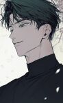  1boy aegyo_sal black_hair closed_mouth commentary deukdo eoduun_badaui_deungbul-i_doeeo eyelashes falling_petals highres korean_commentary looking_ahead male_focus petals shin_hae-ryang smile solo turtleneck upper_body 