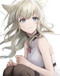  1girl animal_ears arknights arknights:_endfield bare_shoulders bird_ears bird_girl black_pantyhose blonde_hair blue_eyes dann_c_mont dress highres light_smile long_hair looking_to_the_side pantyhose perlica_(arknights) simple_background sleeveless sleeveless_dress solo squatting white_background white_dress yellow_pupils 