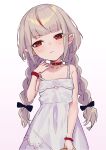  1girl :&lt; absurdres bare_shoulders belt_collar black_ribbon blunt_bangs blush bracelet braid collar collarbone cowboy_shot dress grey_hair hair_ribbon hand_on_own_shoulder head_tilt highres jewelry lace_trim long_hair low_twin_braids makaino_ririmu makaino_ririmu_(3rd_costume) multicolored_hair nijisanji pointy_ears raised_eyebrow red_collar red_eyes red_streaks ribbon sidelocks simple_background sleeveless sleeveless_dress solo standing strap_slip streaked_hair sundress twin_braids two-tone_hair virtual_youtuber white_background white_dress yumesaki_nana 