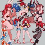  4girls amazu_(kurozu) animal_ear_fluff animal_ears ass bangs bare_arms bare_shoulders black_hairband black_leotard blue_eyes blue_hair blue_shorts bow breasts cat_ears cleavage clenched_hands commentary dark-skinned_female dark_skin denim denim_shorts dif_(difman) eyebrows_hidden_by_hair fake_animal_ears grey_background hair_between_eyes hair_bow hairband hand_on_another&#039;s_shoulder highres leotard medium_breasts multiple_girls multiple_views nike original rabbit_ears rabbit_tail red_hair shoe_soles shoes short_eyebrows short_shorts shorts simple_background skateboard symbol-only_commentary tail thick_eyebrows white_footwear wrist_cuffs yellow_bow yellow_eyes 