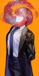  1girl absurdres arms_behind_back black_coat black_pants blue_necktie braid chainsaw_man closed_mouth coat collared_shirt highres kamomi_(nipu826) long_hair makima_(chainsaw_man) necktie orange_background orange_eyes pant_suit pants red_hair shirt solo suit trench_coat white_shirt 
