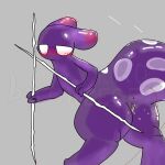 blush bodily_fluids cheese_rao female feral genital_fluids genitals purple_body rain_world simple_background slugcat solo spearmaster_(rain_world) vaginal_fluids videocult vulva weapon wet white_eyes