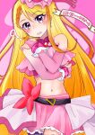  1girl blonde_hair braid brooch cowboy_shot crossed_arms cure_butterfly earrings embarrassed gloves hat highres hirogaru_sky!_precure jewelry long_hair looking_at_viewer magical_girl manekineko5319 midriff navel orange_hair pantyhose pink_hat pink_skirt precure purple_eyes purple_pantyhose single_leg_pantyhose skirt solo very_long_hair wing_brooch 