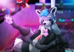 ailurid anthro anus background_character bedroom_eyes blue_eyes blue_hair blush butt dusty_(fallofdusty) fallofdusty feet foot_focus fur genitals grey_body grey_fur hair half-closed_eyes hi_res inviting inviting_to_sex looking_at_viewer male mammal narrowed_eyes nude nude_anthro pawpads paws penis pole presenting presenting_anus presenting_balls presenting_hindquarters red_panda scar seductive sitting smile smiling_at_viewer solo spread_legs spreading strip_club stripper_pole tapering_penis white_body white_fur