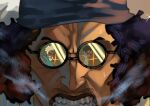  2boys aokiji_(one_piece) black_hair clenched_teeth close-up glasses hat incoming_attack monkey_d._garp multiple_boys one_piece oval_1ce reflection round_eyewear smoke sweatdrop teeth 