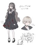  3girls alternate_hair_length alternate_hairstyle black_choker black_dress choker dress ebizuka_tomo girls_band_cry grey_hair hair_between_eyes hairband highres iseri_nina kawaragi_momoka lolita_hairband long_hair long_hair_between_eyes low_twintails multicolored_hair multiple_girls pantyhose roots_(hair) short_hair short_twintails simple_background teshima_nari translation_request twintails white_background white_pantyhose wig 