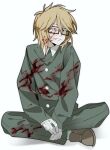  1boy absurdres black_eyes blonde_hair blood blood_on_clothes blood_on_face fang fang_out full_body glasses gloves green_jacket highres indian_style jacket male_focus medium_hair otori_0 randal&#039;s_friends randal_ivory simple_background sitting white_background white_gloves 