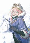  1girl :d black_gloves black_sweater blue_eyes brown_hat coat eyewear_strap fur-trimmed_coat fur_trim gloves goggles goggles_on_head hand_up hat highres long_hair nats_(d0ughnats) nautika_(reverse:1999) open_mouth pink_hair purple_coat reverse:1999 smile snow snowman solo sweater trapper_hat upper_body white_background 