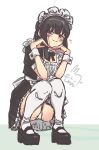  1girl alternate_costume apron black_dress black_hair blush braid brown_eyes dress enmaided flat_chest frills highres kantai_collection kitakami_(kancolle) long_hair looking_at_viewer maid maid_apron maid_headdress motizou panties pantyshot short_sleeves single_braid smile solo squatting thighhighs underwear white_apron white_panties white_thighhighs 