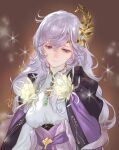 1girl breasts brown_background cape deirdre_(fire_emblem) dress fire_emblem fire_emblem:_genealogy_of_the_holy_war fire_emblem_heroes grey_hair hair_between_eyes hair_ornament high_collar highres long_hair looking_down medium_breasts purple_cape signature smile solo sparkle suzuki_rika upper_body wavy_hair white_dress 