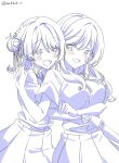  2girls :d ashigaya_high_school_uniform blush breasts collared_shirt dress_shirt fang hair_bun hair_ribbon highres hug hug_from_behind kaneko_misaki koyanagi_kaho large_breasts lineart long_hair monochrome multiple_girls neck_ribbon open_mouth pleated_skirt ribbon school_uniform scrunchie sena_ajisai shirt short_sleeves signature skin_fang skirt smile twitter_username watashi_ga_koibito_ni_nareru_wake_naijan_murimuri! wrist_scrunchie 
