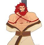  1boy abs animal_ears bara bdsm beard bondage bound caineghis_(fire_emblem) chest_hair cleave_gag cloth_gag commentary english_commentary facial_hair fire_emblem fire_emblem:_path_of_radiance gag gagged highres improvised_gag large_pectorals long_hair looking_at_viewer male_focus muscular muscular_male nipples pectorals red_hair red_rope restrained revealyoursins rope shibari simple_background solo white_background 