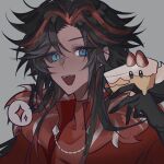  1boy :3 :d androgynous animal black_eyes black_gloves black_hair black_sclera blue_eyes cake_hound chinese_commentary collarbone colored_sclera commentary_request cookie_run cookie_run:_kingdom cream_cake_hound dark-skinned_male dark_skin dog eyes_visible_through_hair fang food food-themed_creature food_as_ears fruit ginata_oc gloves grey_background hair_between_eyes hair_flaps hand_up highres holding holding_animal holding_dog humanization jacket long_hair looking_at_viewer male_focus mismatched_sclera multicolored_hair open_clothes open_jacket open_mouth portrait red_hair red_jacket red_shirt red_velvet_cookie shirt sidelocks simple_background smile solid_oval_eyes solo spoken_sparkle strawberry strawberry_slice streaked_hair teeth tongue tongue_out tsurime turtleneck turtleneck_shirt two-tone_hair upper_teeth_only 