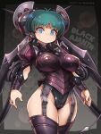  1girl ajantha antenna_hair armor artist_name black_leotard blue_eyes breasts dated empty_eyes forehead_tattoo green_hair highleg highleg_leotard large_breasts leotard looking_at_viewer shigatake solo tattoo thick_thighs thighhighs thighs wide_hips z_man 