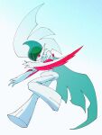 1other arm_blade cape colored_skin facing_to_the_side falling gallade gradient_background green_hair high_contrast highres hunched_over looking_to_the_side mega_gallade mega_pokemon midair mohawk open_hands pokemon pokemon_(creature) pokemon_focus red_eyes solo umi-be-to weapon white_background white_cape white_skin wide_hips wind 