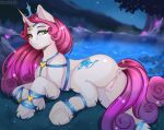 accessory animal_genitalia animal_vulva anus blue_accessory blue_tiara butt casual_exposure casual_nudity clitoris clothing crown curled_mane curled_tail cutie_mark ears_up equid equine equine_anus equine_genitalia equine_vulva eyelashes female feral friendship_is_magic gem genitals grass half-closed_eyes hasbro head_accessory headgear heart_accessory heart_clothing heart_hooves heart_symbol hi_res horn hot_spring jewelry leg_accessory lying mammal mane munrei my_little_pony mythological_creature mythological_equine mythology narrowed_eyes neck_accessory necklace night on_front on_ground outside pink_mane pink_tail plant plump_labia pointy_ears pose prick_ears princess_amore_(mlp) puffy_anus rear_view relaxing rock signature sky smile solo sparkles star starry_sky tail tiara tree unicorn vulva water watermark yellow_eyes yellow_heart