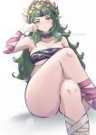  1girl absurdres arm_wrap bandeau blush breasts chascoby choker cleavage collarbone crop_top crossed_legs fire_emblem fire_emblem:_fortune&#039;s_weave green_eyes green_hair hair_ornament head_rest headpiece highres large_breasts leg_wrap long_hair looking_at_viewer parted_lips pink_ribbon pointy_ears purple_bandeau purple_choker ribbon simple_background sitting solo sothis_(adult)_(fire_emblem) sothis_(fire_emblem) tassel tassel_hair_ornament thighs tiara white_background white_ribbon 