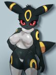  3:4 anthro biped black_body breasts clothing eeveelution erect_nipples female frown generation_2_pokemon hand_on_hip hi_res legwear looking_at_viewer nintendo nipple_outline nipples panties pepper_gomashio pokemon pokemon_(species) red_eyes shadow simple_background solo thigh_highs umbreon underwear video_games yellow_body 