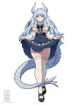  1girl black_shoes blue_eyes blue_hair blue_skirt blunt_bangs blush breasts clothes_lift dragon_girl dragon_horns dragon_tail full_body high-waist_skirt highres horns jesternalagon lifting_own_clothes long_hair long_sleeves looking_at_viewer monster_girl original pointy_ears scales shirt shoes skirt skirt_hold skirt_lift smile solo standing tail thighhighs very_long_hair white_background white_shirt white_thighhighs 