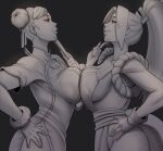  2girls absurdres akiman_pose belly-to-belly bracelet breast_contest breast_press breasts brown_eyes brown_hair china_dress chinese_clothes chun-li confident confrontation crossover double_bun dress earrings eye_contact face-to-face faceoff fatal_fury hair_bun highres jewelry large_breasts long_hair looking_at_another monochrome motoyui multiple_girls nagainosfw ponytail rivalry shiranui_mai snk street_fighter street_fighter_6 symmetrical_docking 