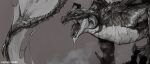  1other absurdres animal_focus commentary creature english_commentary greyscale highres horns logicsterrr monochrome open_mouth out_of_frame roaring scales shadow_slave sharp_teeth teeth 