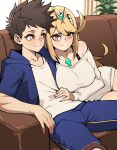 1boy 1girl artist_name bare_shoulders blonde_hair blue_jacket blue_shorts breasts brown_hair chest_jewel closed_mouth collarbone commentary core_crystal_(xenoblade) couch dress gem green_gemstone grey_sweater hetero highres jacket large_breasts leaning_on_person long_hair mythra_(xenoblade) off-shoulder_sweater off_shoulder on_couch open_clothes open_jacket patreon_logo patreon_username rex_(xenoblade) scrimblocrimbo shirt short_hair shorts sitting smile sweater sweater_dress tiara white_shirt xenoblade_chronicles_(series) xenoblade_chronicles_2 yellow_eyes 