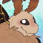 1:1 antennae_(anatomy) anthro arthropod black_sclera blue_background blush brown_body brown_fur fangs floof_(binaryfloof) fur hi_res insect insect_wings kintsugi_(art) lepidopteran lepidopteran_wings looking_at_viewer moth mothaala neck_tuft simple_background teeth tuft white_eyes wings