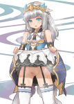  1girl absurdres ass_visible_through_thighs bangs bare_shoulders beatrice_(rune_factory) black_garter_straps blue_eyes blush breasts bridal_gauntlets cleft_of_venus clothes_lift commentary_request cowboy_shot detached_sleeves dress dress_lift female_pubic_hair garter_straps grey_hair highres lifted_by_self long_hair looking_at_viewer no_panties parted_lips pasheri pubic_hair pussy rune_factory rune_factory_5 simple_background small_breasts solo sweat sweating_profusely thighhighs white_thighhighs 