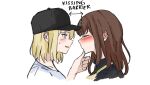  2girls bang_dream! bang_dream!_it&#039;s_mygo!!!!! baseball_cap black_hat black_shirt blonde_hair blush brown_hair commentary dayne_duh ear_blush english_commentary english_text hand_on_another&#039;s_chin hat highres imminent_kiss kissing_barrier_(meme) long_hair medium_hair meme misumi_uika multiple_girls puckered_lips purple_eyes shirt simple_background sumita_mana sweatdrop white_background white_shirt yuri 