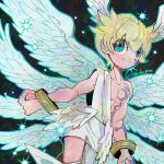  1boy 48mokopon angel angel_wings bare_shoulders black_background blonde_hair blue_eyes body_markings cowboy_shot digimon digimon_(creature) facial_mark feathered_wings highres lucemon male_focus ringed_eyes simple_background solo sparkle white_wings wings 