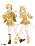  1boy 1girl belt belt_buckle beret blonde_hair blue_eyes blush bow brown_shoes buckle checkered_clothes checkered_dress checkered_hat checkered_jacket checkered_shoes checkered_shorts closed_mouth collared_shirt copyright_logo dress frilled_dress frills fukahire_(ruinon) full_body garter_belt gyaru_v hair_bow hair_ornament hairclip hand_on_own_hip hat head_tilt high_heels jacket kagamine_len kagamine_rin logo looking_at_viewer neck_ribbon oxfords pearl_hair_ornament puffy_short_sleeves puffy_sleeves ribbon rounded_collar shirt shoes short_dress short_hair short_sleeves shorts simple_background smile socks standing sweater tongue tongue_out two_side_up v vocaloid white_background white_shirt white_socks yellow_belt yellow_bow yellow_dress yellow_hat yellow_jacket yellow_nails yellow_ribbon yellow_shoes yellow_shorts yellow_socks yellow_sweater 