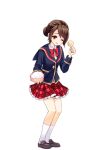  1girl bow bowl bowtie brown_eyes brown_hair brown_shoes full_body girlfriend_(kari) jacket legs loafers looking_at_viewer nabeshima_chiyori official_art one_eye_closed open_mouth plaid_clothes plaid_skirt pleated_skirt qp:flapper red_bow red_bowtie red_skirt rice rice_bowl school_uniform shamoji shoes simple_background skirt smile socks solo standing thighs transparent_background white_socks 