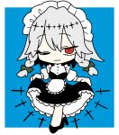  1girl absurdres apron black_dress black_shoes blue_background braid breasts buttons chibi clothes_lift dress floating floating_object floating_weapon frilled_apron frilled_dress frills green_ribbon hair_between_eyes hair_ornament hair_ribbon headdress highres izayoi_sakuya knife layered_clothes looking_at_viewer maid maid_apron maid_headdress medium_hair one_eye_closed puffy_short_sleeves puffy_sleeves red_eyes ribbon ribbon_braid shirt shoes short_sleeves simple_background skirt skirt_lift slit_pupils smile thighhighs touhou twin_braids two-tone_background waist_apron white_apron white_background white_hair white_headdress white_thighhighs whoru 