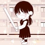  1girl chainsaw_man chibi chibi_only closed_mouth deer60868637 dress fourth_east_high_school_uniform holding_ruler limited_palette low_twintails pinafore_dress ringed_eyes scar scar_on_cheek scar_on_face scar_on_nose school_uniform sleeveless sleeveless_dress solo standing twintails yellow_eyes yoru_(chainsaw_man) 