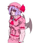  1girl araki_hirohiko_(style) ascot bat_wings blue_hair brooch diavolo hair_between_eyes hat hat_ribbon highres jewelry jojo_no_kimyou_na_bouken jojo_pose looking_at_viewer manlification mob_cap parody parted_lips pink_hat pink_shirt puffy_short_sleeves puffy_sleeves rampa93 red_ascot red_eyes remilia_scarlet ribbon shirt short_hair short_sleeves simple_background solo style_parody touhou white_background wings wrist_cuffs 