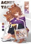  1girl absurdres agnes_tachyon_(casual)_(umamusume) agnes_tachyon_(tach-nology)_(umamusume) agnes_tachyon_(umamusume) ahoge animal_ears bag black_pants blush bra_strap breasts brown_hair casual character_doll chemical_structure closed_mouth doll earrings hair_between_eyes highres holding holding_doll horse_ears horse_girl horse_tail huge_ahoge hugging_doll hugging_object jewelry knees_up lab_coat long_sleeves looking_at_viewer medium_hair nanaken_(qijian23092715) necklace off-shoulder_shirt off-shoulder_sweater off_shoulder pants pantyhose purple_shirt purple_sweater red_eyes shirt shoes shoulder_bag single_earring sitting sleeves_past_fingers sleeves_past_wrists smile stuffed_toy sweater tail umamusume yellow_sweater 