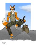 anthro backpack barefoot bartek22 belt blue_eyes bottomwear bracelet brown_hair camo camo_bottomwear camo_clothing camo_pants camo_print canid canine chris_the_fox_(bartek22) clothing ears_up feet flag foot_fetish foot_focus fox fur hair hi_res holding_knife holding_melee_weapon holding_object holding_weapon jewelry knife looking_forward male mammal melee_weapon mountain name_tag necklace on_rock orange_body orange_fur pants pattern_bottomwear pattern_clothing pattern_pants poland rock shirt sitting sitting_on_rock solo tail tank_top topwear torn_clothing weapon white_body white_fur