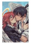  2boys angel angel_devil_(chainsaw_man) angel_wings black_gloves black_necktie blue_eyes blush border chainsaw_man collared_shirt commentary couple english_commentary eye_contact gloves hair_between_eyes halo hayakawa_aki long_hair looking_at_another male_focus multiple_boys necktie red_eyes red_hair sadelionne sharp_teeth shirt short_hair teeth topknot traditional_halo undone_necktie white_border white_shirt white_wings wings yaoi 