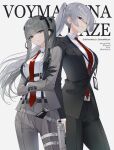  2girls absurdres ak-15_(erwin)_(girls'_frontline) ak-15_(girls'_frontline) black_survival business_suit english_text eternal_return:_black_survival girls'_frontline girls'_frontline_2:_exilium grey_eyes grey_hair haze_(black_survival) highres multiple_girls necktie official_alternate_costume pinpinkungya purple_eyes red_necktie suit voymastina_(girls'_frontline_2) 