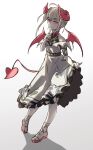  1girl ahoge ankle_lace-up arm_strap bare_shoulders belt blush bracelet broken_heart_print collar colored_tips cross cross_print curled_horns demon_girl demon_horns demon_tail demon_wings dress dyed_ahoge finger_to_mouth frilled_dress frills full_body gloves grey_hair hair_between_eyes heart heart_print highres horns jewelry long_dress looking_at_viewer makaino_ririmu makaino_ririmu_(1st_costume) multicolored_hair nijisanji no_socks off-shoulder_dress off_shoulder parted_lips pixie_cut pointy_ears red_collar red_eyes red_horns red_shoes red_streaks red_wings shirt_under_dress shoes short_hair sidelighting sidelocks simple_background skirt_hold solo standing streaked_hair tail undershirt virtual_youtuber white_background white_dress white_gloves white_shoes wings yoshimo_0504 