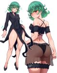 1girl absurdres ass black_dress black_shoes breasts camisole commentary dress from_behind green_eyes green_hair highres impossible_clothes impossible_dress looking_back luchidart one-punch_man pear-shaped_figure pout see-through_clothes see-through_skirt shoes skirt small_breasts sparkle tatsumaki thigh_strap thighs watermark wide_hips 