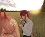  2girls absurdres arm_behind_back blonde_hair chainsaw_man closed_mouth cross-shaped_pupils demon_girl demon_horns field flower hair_flower hair_ornament highres horns long_hair makima_(chainsaw_man) multiple_girls orange_eyes outdoors power_(chainsaw_man) red_hair red_horns sharkespeare shirt sidelocks sunset symbol-shaped_pupils white_flower white_shirt 
