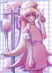  1girl absurdres arm_at_side armband blonde_hair blood blood_bag blush_stickers cowboy_shot cross cross_background dot_nose dress flat_chest flipped_hair from_side hair_flaps hand_up hat highres holding holding_syringe intravenous_drip iv_stand long_hair looking_at_viewer monogatari_(series) mouth_hold nurse_cap oshino_shinobu pants pink_dress pink_hat pink_pants purple_background s0ul20 short_sleeves solo swept_bangs syringe turtleneck turtleneck_dress very_long_hair white_background yellow_eyes zoom_layer 