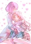  2girls amaori_renako blue_skirt brown_eyes brown_hair closed_eyes clothes_around_waist commentary_request hand_on_another&#039;s_head heart highres hug kneeling long_hair medium_hair multiple_girls open_mouth pink_hair plaid_clothes plaid_skirt rikako0229 sena_ajisai shirt skirt smile sweater sweater_around_waist watashi_ga_koibito_ni_nareru_wake_naijan_murimuri! white_background white_shirt yuri 