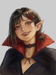  1girl absurdres black_cape black_choker brown_eyes brown_hair cape chainsaw_man choker fangs grey_background higashiyama_kobeni highres idaero_ace looking_at_viewer multiple_moles open_mouth pointy_ears ponytail short_ponytail simple_background single_sidelock solo vampire_costume 