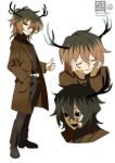  1boy absurdres antlers black_eyes black_hair blood blood_on_face brown_coat brown_hair cleft_lip coat hand_in_pocket highres hitchhiker_a_(randal's_friends) horns looking_at_viewer male_focus medium_hair multiple_views otori_0 randal's_friends simple_background standing thumbs_up turtleneck white_background 