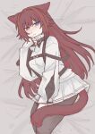  1girl :3 ???_(assault_lily) animal_ears assault_lily bed_sheet blue_eyes blush breasts brown_pantyhose cat_ears cat_girl cat_tail chest_harness closed_mouth commentary cowboy_shot double_horizontal_stripe gatti_love half-closed_eyes hand_on_own_thigh hand_up harness heterochromia highres kemonomimi_mode light_smile long_hair long_sleeves looking_at_viewer lying medium_breasts miniskirt on_side pantyhose red_eyes red_hair shirt skirt sleeves_past_wrists solo striped_clothes striped_skirt tail turtleneck turtleneck_shirt very_long_hair white_shirt white_skirt 