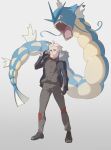  1boy beard black_gloves closed_mouth coat facial_hair fingerless_gloves full_body fur-trimmed_hood fur_trim gloves grey_eyes grey_hair grey_pants grey_shirt gyarados highres hood jacket l_(pokemon) long_sleeves open_mouth pants pokemon pokemon_(creature) pokemon_legends:_z-a red_eyes shirt short_hair simple_background tail thorn_(kmconceptart) white_hair 