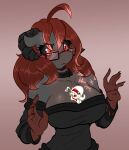 ahoge anthro between_breasts black_sclera breasts brown_hair cleavage clothed clothing curved_horn duo equid equine eye_through_hair eyewear fan_character female female/female feral glasses grey_body hair hasbro heart_hair hi_res horn looking_down mammal my_little_pony rectangular_glasses red_eyes translucent translucent_hair white_body witchtaunter